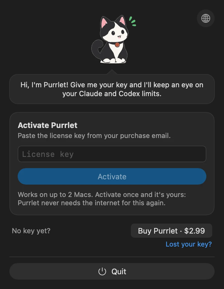 Activation screen: the cat asks for your license key, with Buy and Lost your key? links.