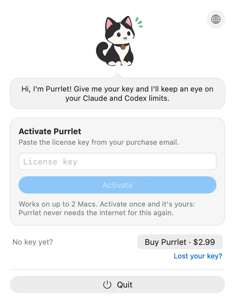 Activation screen: the cat asks for your license key, with Buy and Lost your key? links.