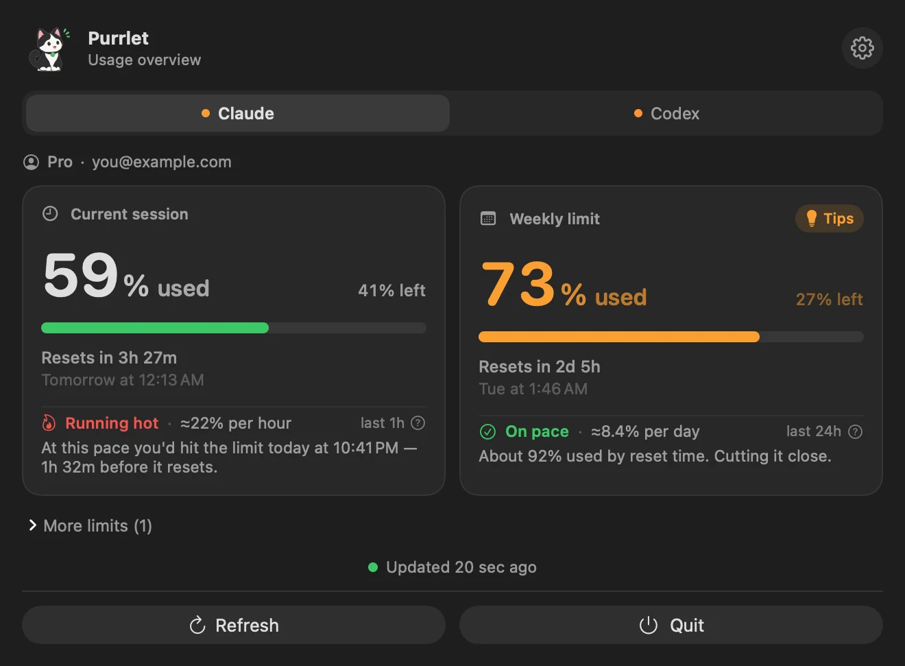 Purrlet's popover showing Claude's current session and weekly limit, with pace and reset times.