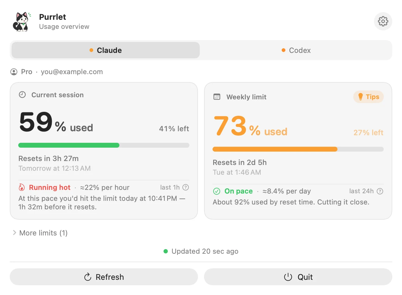 Purrlet's popover showing Claude's current session and weekly limit, with pace and reset times.