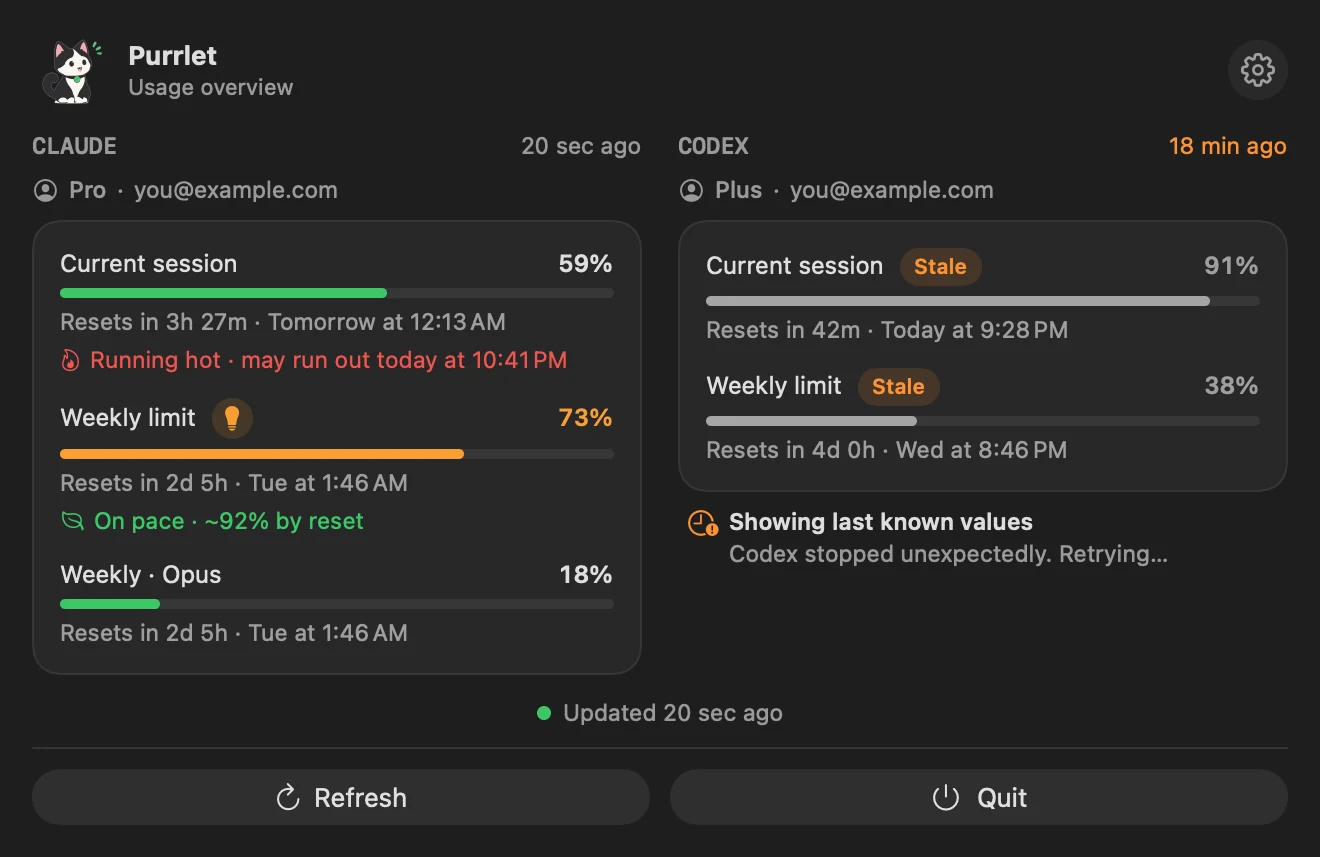 Purrlet's popover with Claude and Codex side by side: each one's 5-hour session and weekly limit, with reset times and pace.