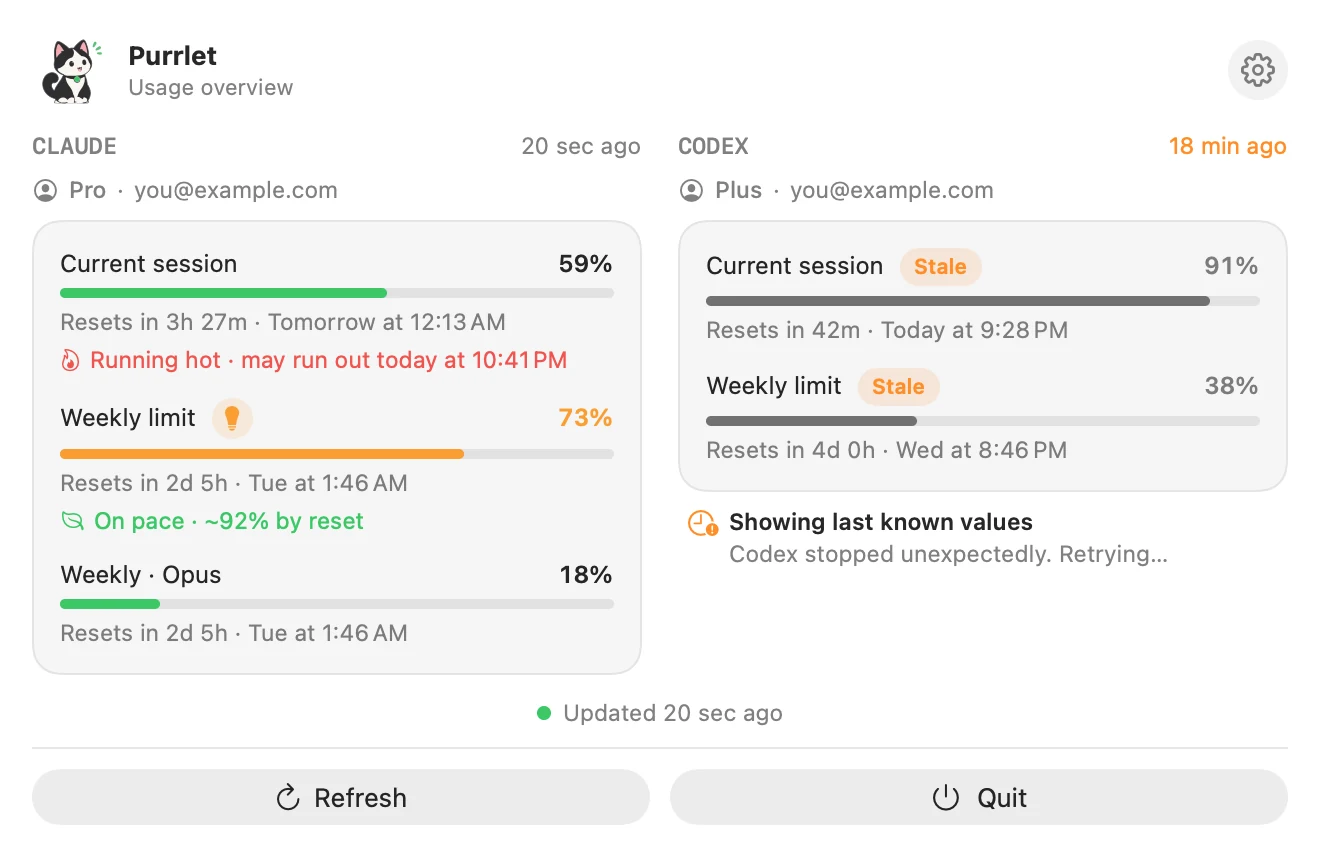 Purrlet's popover with Claude and Codex side by side: each one's 5-hour session and weekly limit, with reset times and pace.