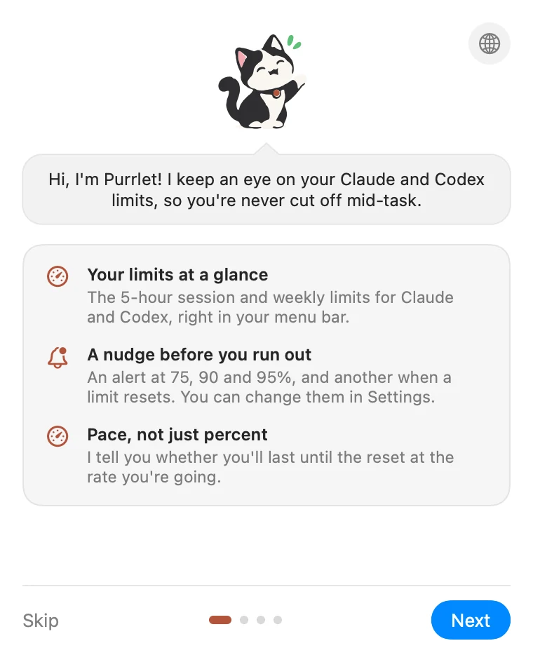Welcome, page 1: limits at a glance, a nudge before you run out, and pace.