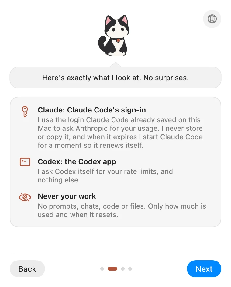 Welcome, page 2: exactly what Purrlet reads for Claude and for Codex.