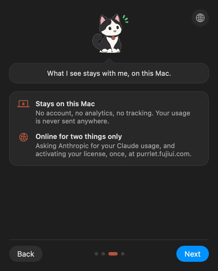 Welcome, page 3: what stays on your Mac and the only two times Purrlet goes online.