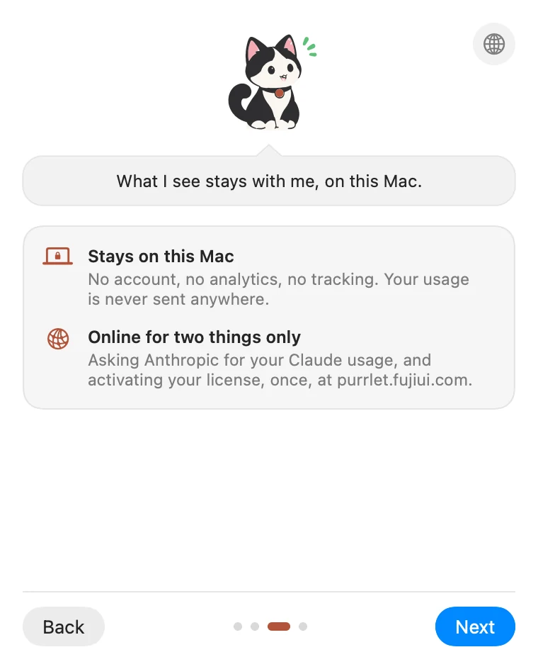 Welcome, page 3: what stays on your Mac and the only two times Purrlet goes online.
