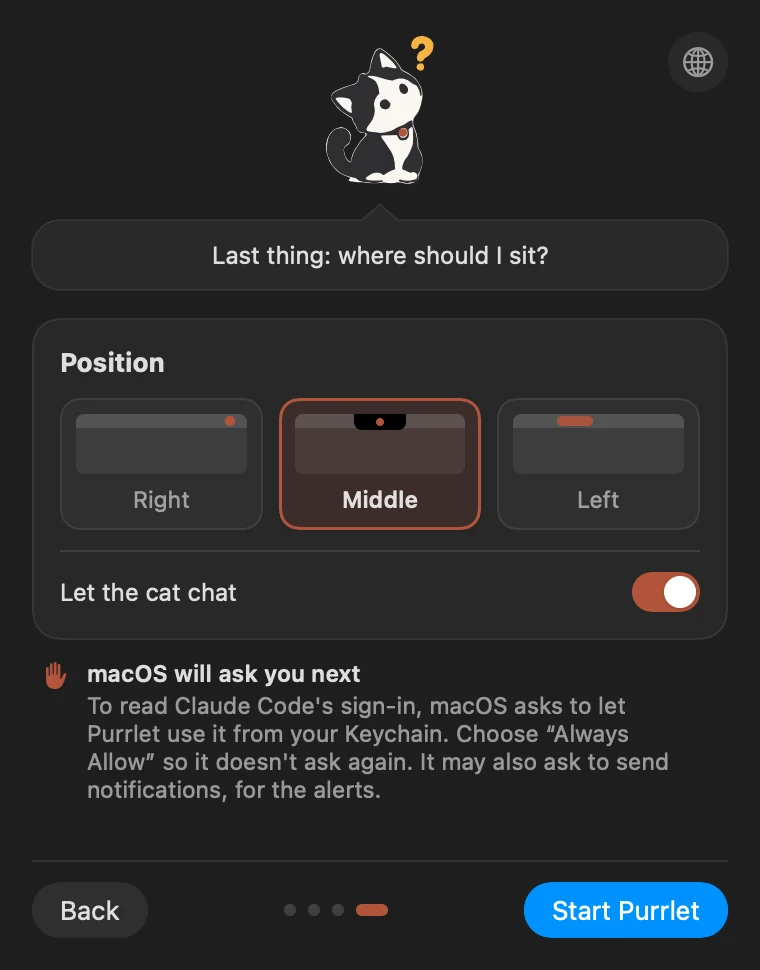 Welcome, page 4: choose where the cat sits, and a heads-up about the Keychain prompt.