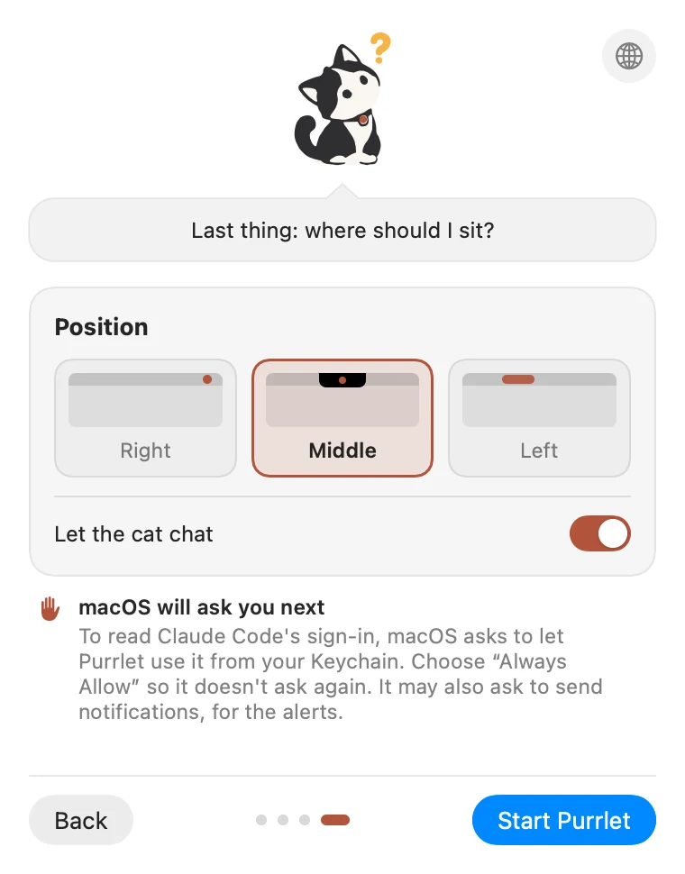 Welcome, page 4: choose where the cat sits, and a heads-up about the Keychain prompt.